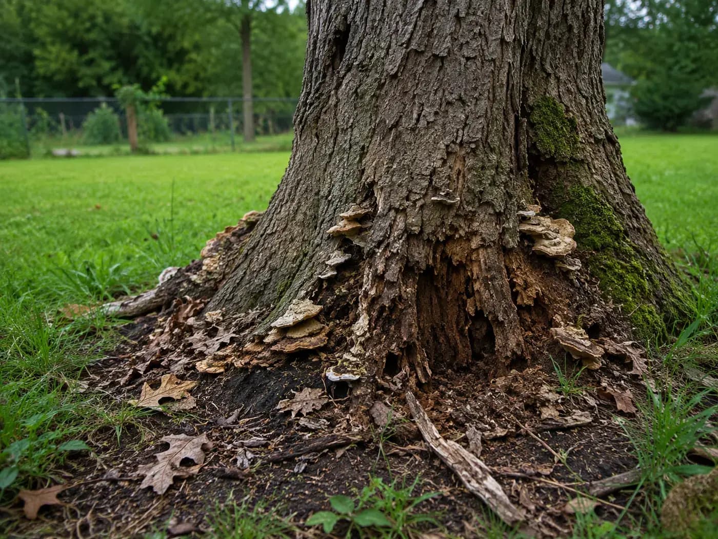 Close-up of decay and damage on a tree trunk showing why pruning or removal may be needed