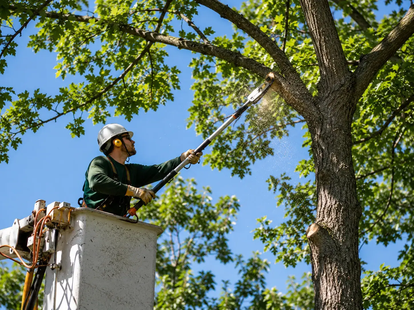 Atlanta TreeWorks crew pruning a large mature tree in a residential front yard